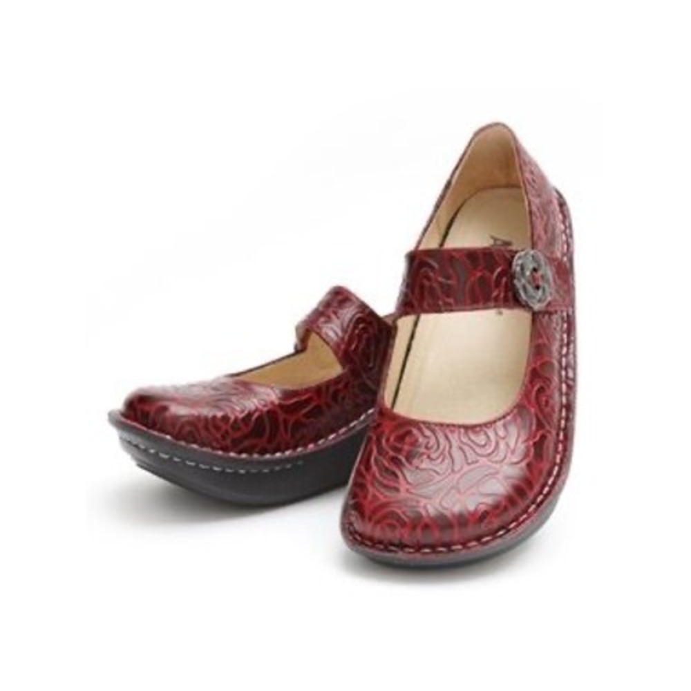 Red leather Mary Jane shoe Alegria wide toe rose embossed Whimsygoth fairy retro